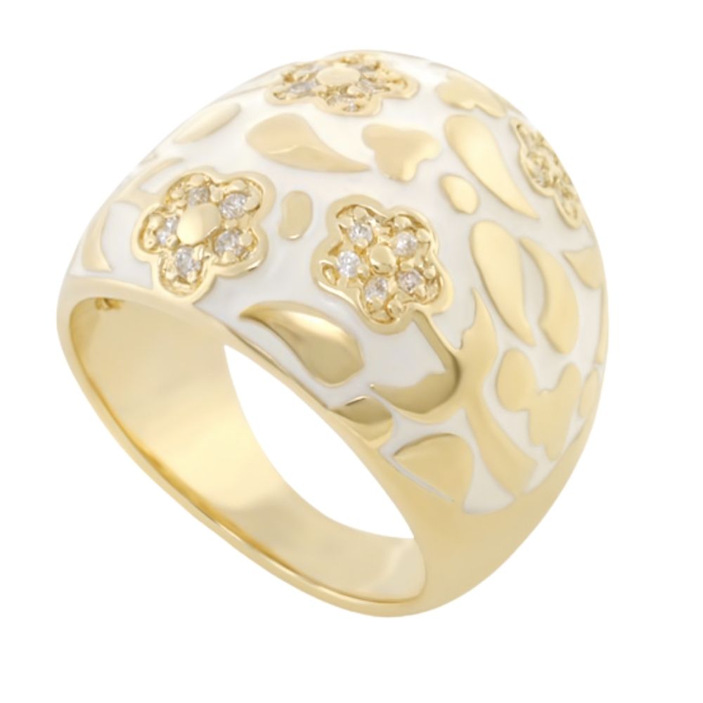Cocktail ring Domed Pavé Flower in gold with white enamel and crystals on Tampa Home & Garden Store