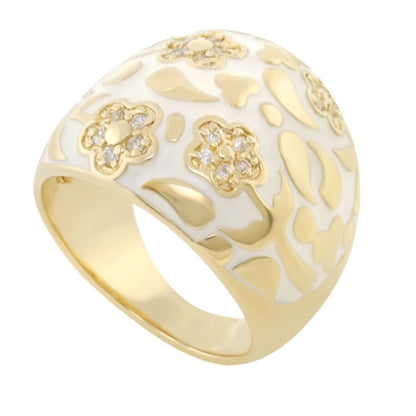 Cocktail ring Domed Pavé Flower in gold with white enamel and crystals on Tampa Home & Garden Store