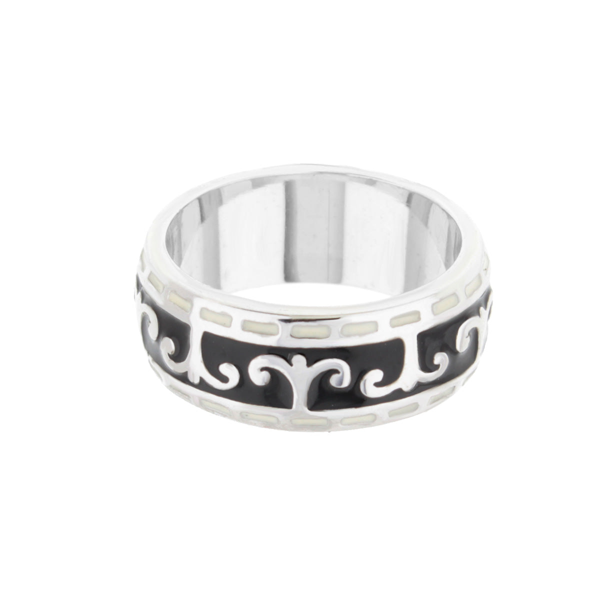 Renaissance Scroll and Rhodium Enamel Ring Band