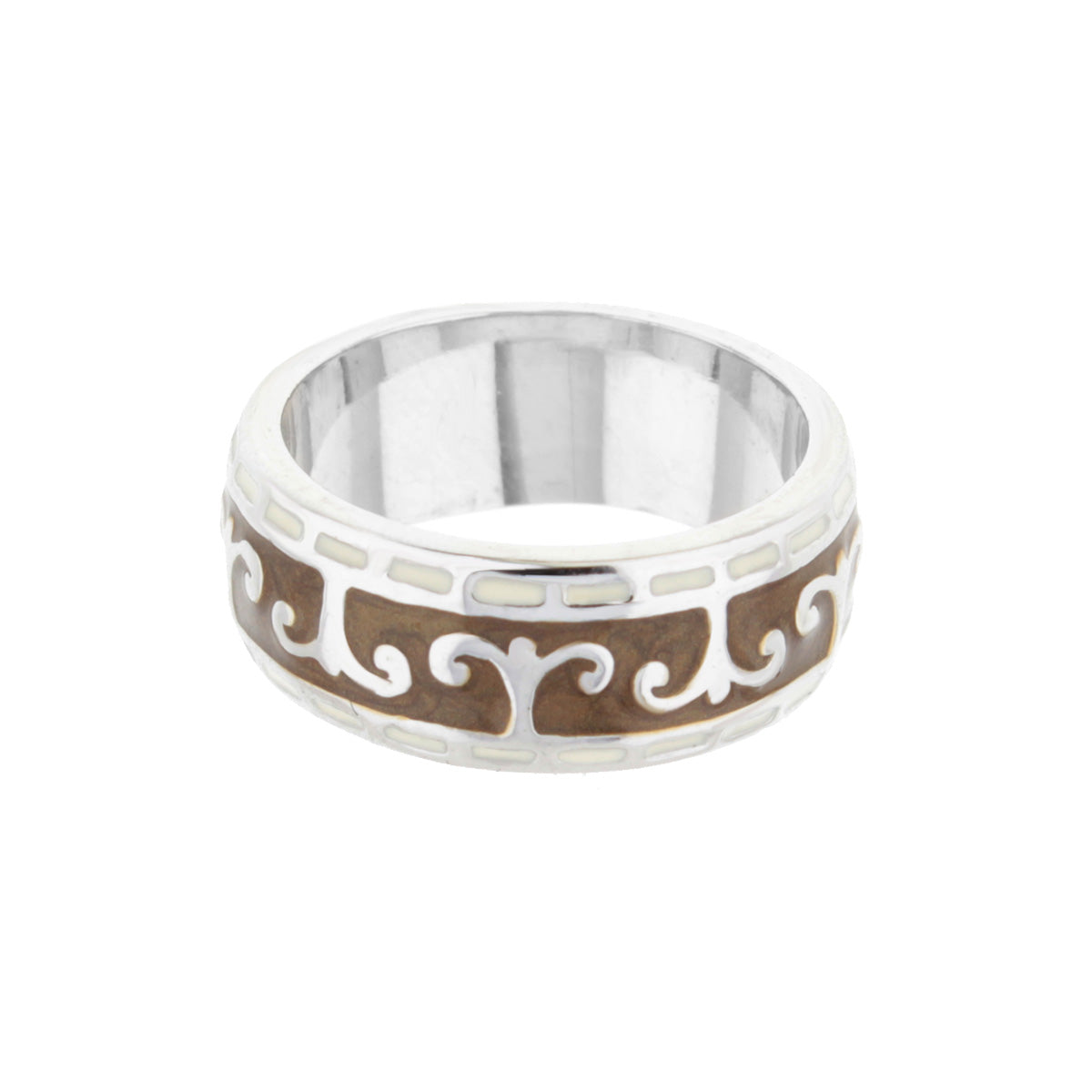Renaissance Scroll and Rhodium Enamel Ring Band