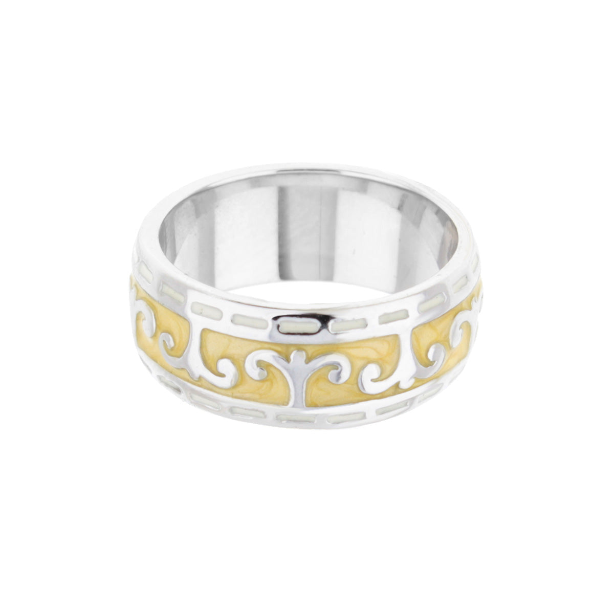 Renaissance Scroll and Rhodium Enamel Ring Band