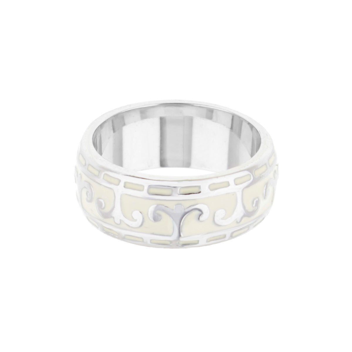 Renaissance Scroll and Rhodium Enamel Ring Band
