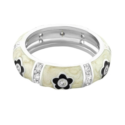 Daisy Love Stackable Ring Domed Flower cream enamel band with black flowers and crystals on Tampa Home & Garden Store