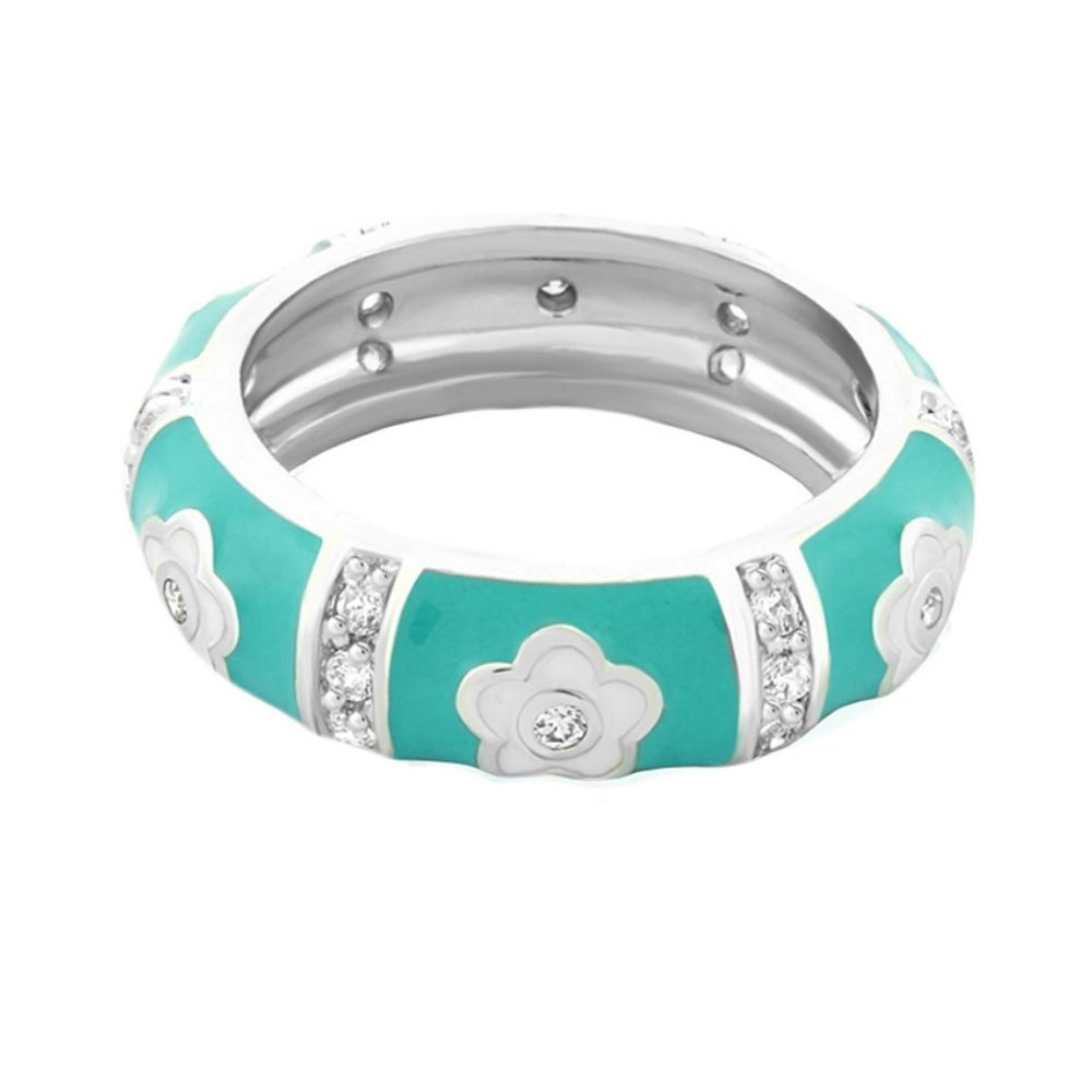 Daisy Love Stackable Ring Domed Flower turquoise enamel with crystal accents on Tampa Home & Garden Store