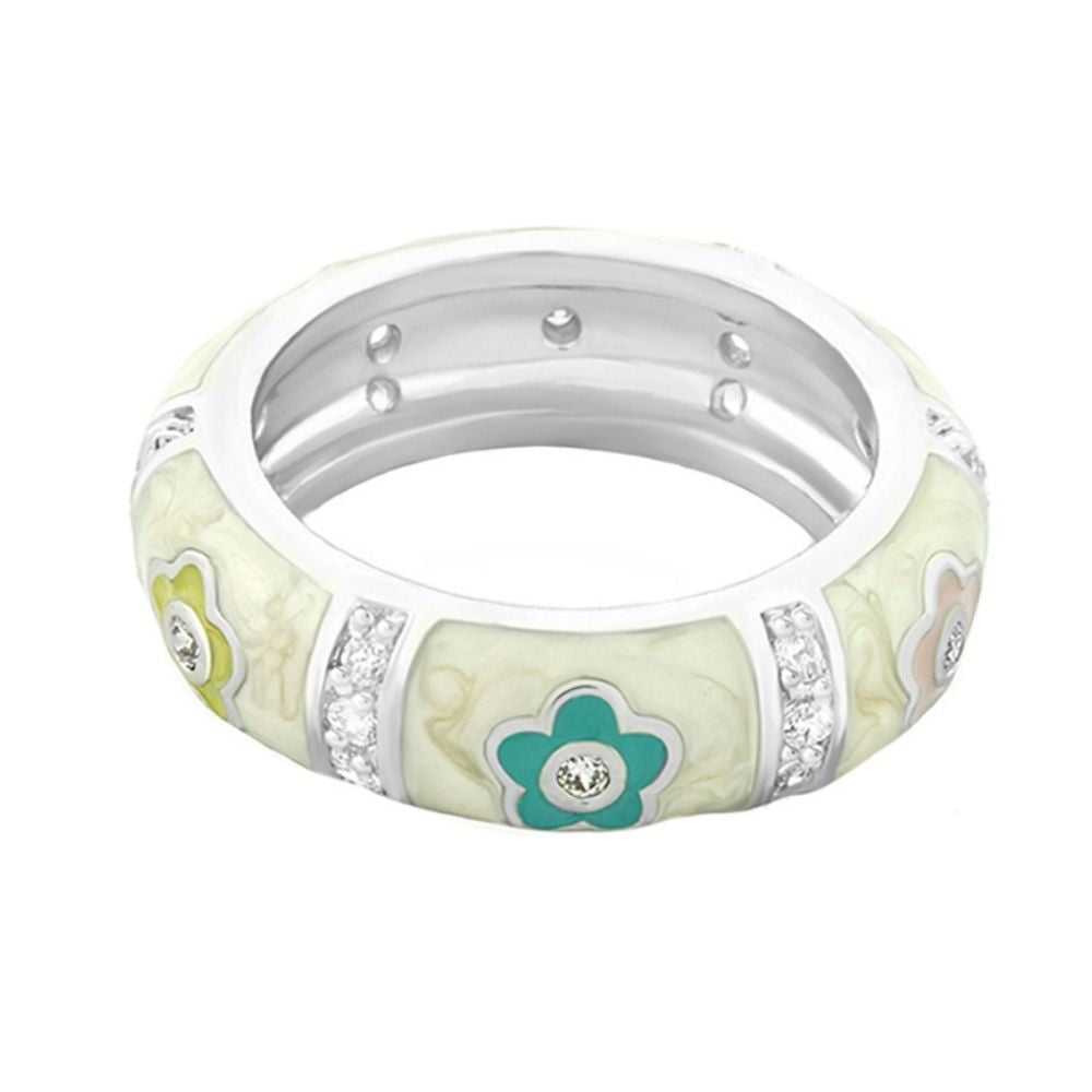 Daisy Love Stackable Ring — daisies with crystals on a teal-accented silver band on Tampa Home & Garden Store
