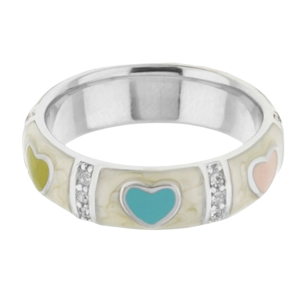 Stackable ring with multicolor enamel hearts and pavé diamond accents on a silver band on Tampa Home & Garden Store