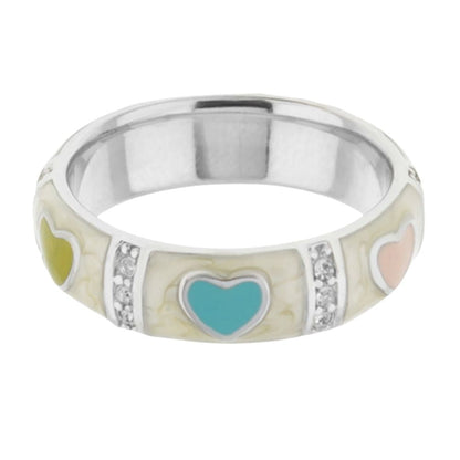 Stackable ring with multicolor enamel hearts and pavé diamond accents on a silver band on Tampa Home & Garden Store