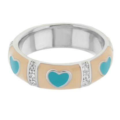 Lots of Love Stackable Ring — Heart & Pavé Station with turquoise hearts on beige enamel on Tampa Home & Garden Store