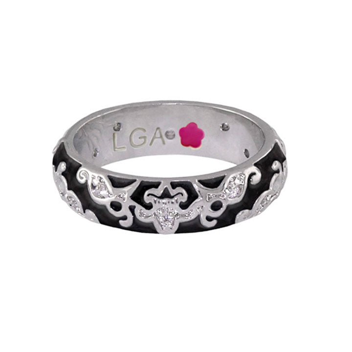 Daisy Swirl Band Ring by Lauren G Adams in black enamel with silver filigree and crystals on Tampa Home & Garden Store