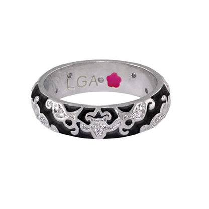 Daisy Swirl Band Ring by Lauren G Adams in black enamel with silver filigree and crystals on Tampa Home & Garden Store