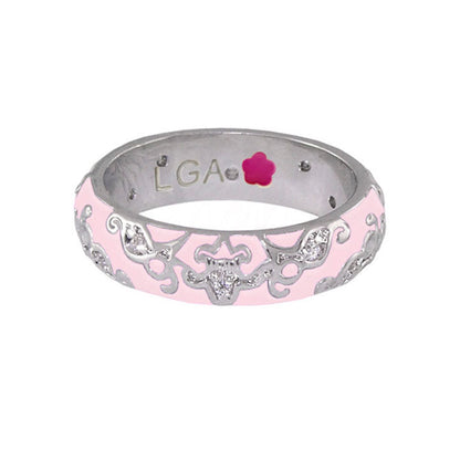 Daisy Swirl Band Ring by Lauren G Adams, pink enamel with silver filigree and crystals on Tampa Home & Garden Store