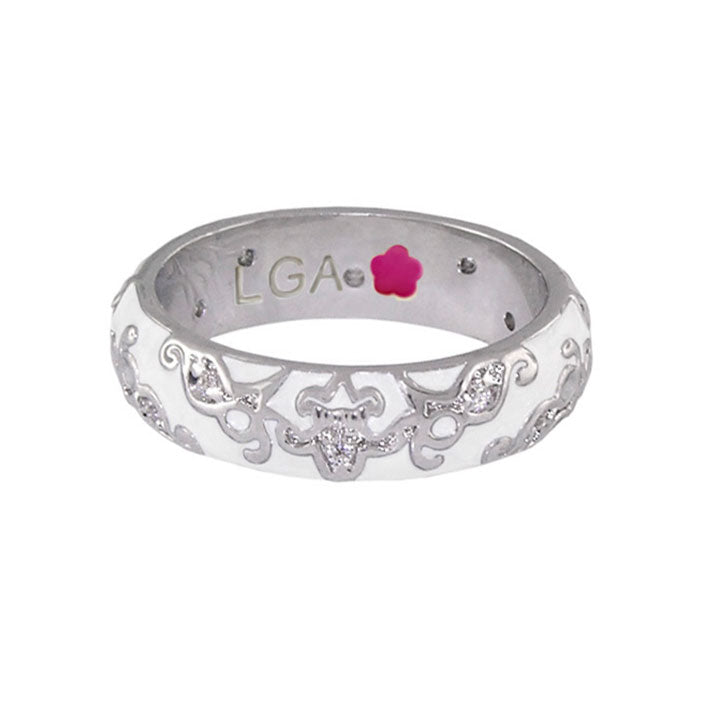 Daisy Swirl Band Ring by Lauren G Adams, silver-tone band with crystal floral swirls on Tampa Home & Garden Store