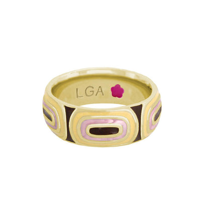 Modern Art Band ring by Lauren G Adams, gold-tone band with pink and black geometric inlays on Tampa Home & Garden Store