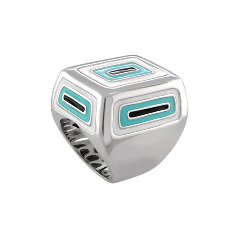 Modern Art cocktail ring with silver setting and turquoise rectangular inlays, geometric design on Tampa Home & Garden Store