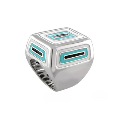 Modern Art cocktail ring with silver setting and turquoise rectangular inlays, geometric design on Tampa Home & Garden Store