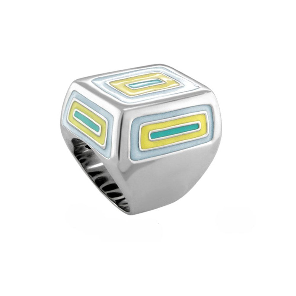 Modern Art cocktail ring by Lauren G Adams, silver-tone band with enamel geometric inlay on Tampa Home & Garden Store