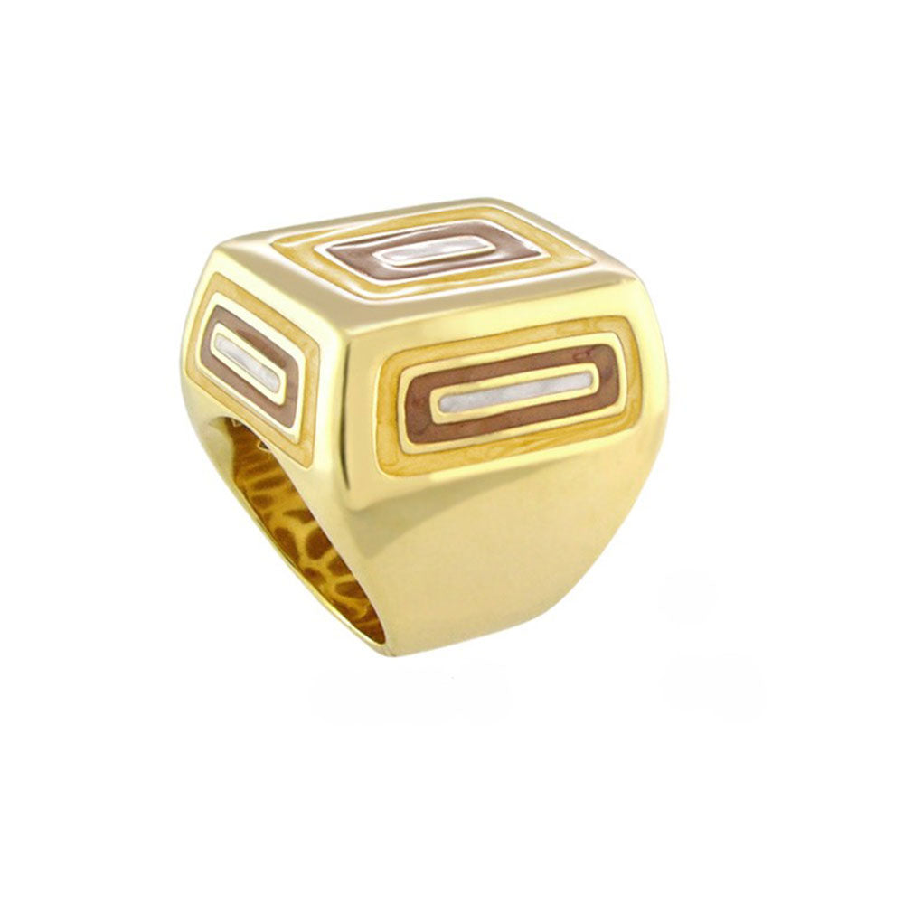 Modern Art cocktail ring by Lauren G Adams, gold-tone with geometric brown tan enamel on Tampa Home & Garden Store