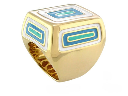 Modern Art cocktail ring by Lauren G Adams gold-tone metal with blue and teal enamel panels on Tampa Home & Garden Store