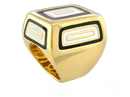 Modern Art cocktail ring by Lauren G Adams, gold tone with black white geometric enamel accents on Tampa Home & Garden Store