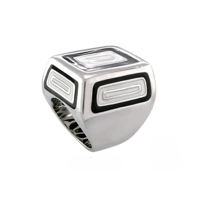 Modern Art cocktail ring by Lauren G Adams, silver-tone with black geometric insets on Tampa Home & Garden Store