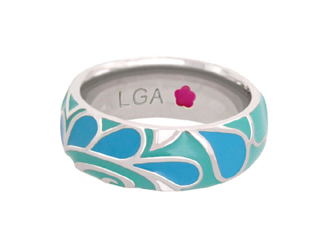 Tear Drop ring band by Lauren G Adams, silver band with teal and blue enamel floral pattern on Tampa Home & Garden Store