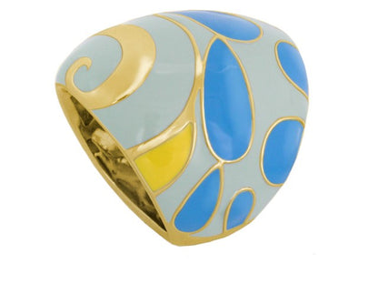 Tear Drop ring by Lauren G Adams, gold cocktail ring with blue and yellow enamel panels on Tampa Home & Garden Store