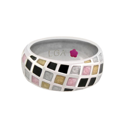 Checker Chic ring mosaic tile band with black, pink, gray, and gold squares LGA logo inside on Tampa Home & Garden Store