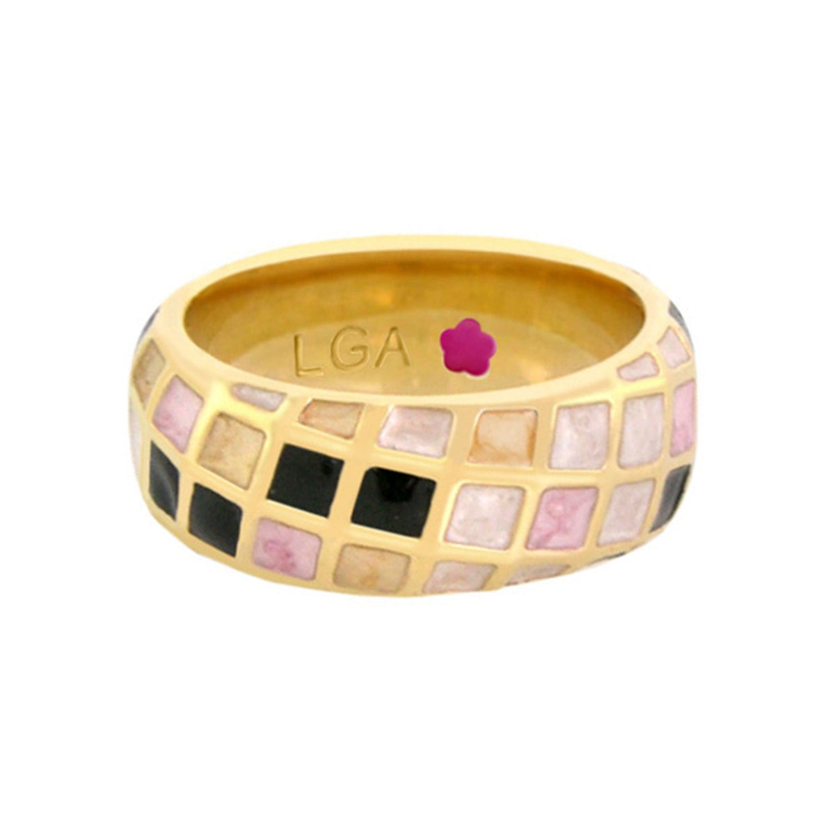 Checker Chic ring by Lauren G Adams, gold band with pink beige and black mosaic tiles on Tampa Home & Garden Store