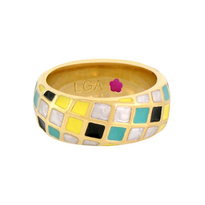 Checker Chic ring by Lauren G Adams, gold tone band with mosaic tiles and LGA logo inside on Tampa Home & Garden Store