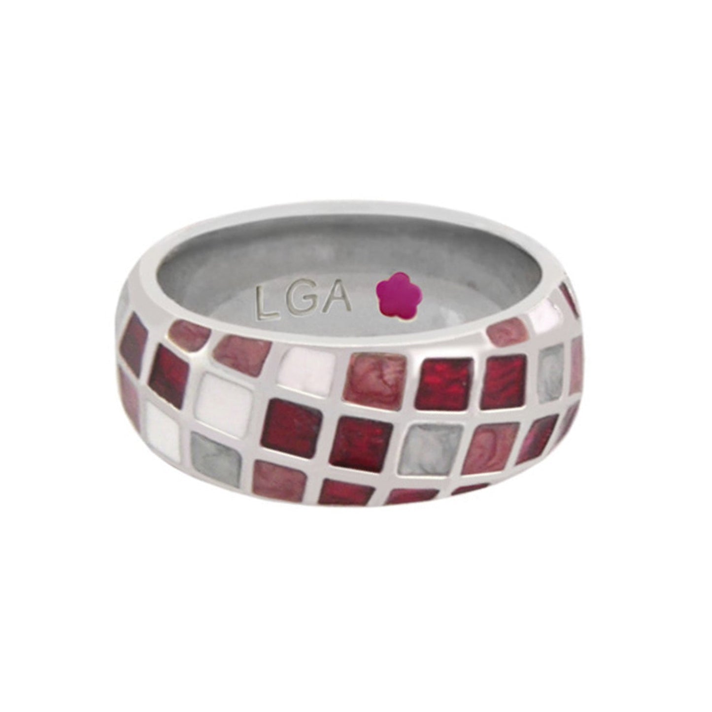 Checker Chic ring band with red, pink, white, and gray mosaic tiles; interior LGA logo on Tampa Home & Garden Store