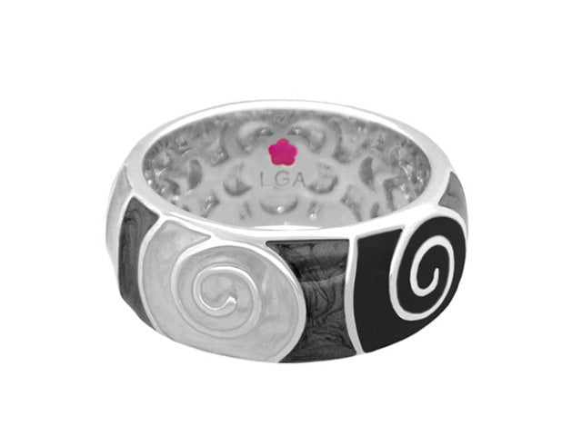 Signature Swirl Stackable Ring by Lauren G Adams, two-tone black and silver spiral panels with LGA inside on Tampa Home & Garden Store