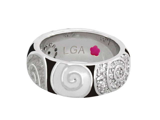 Signature Swirl Stackable Ring by Lauren G Adams with black enamel panels and pave diamonds on Tampa Home & Garden Store