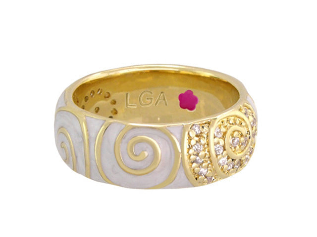Signature Swirl Stackable Ring, white enamel with gold swirls and pave crystals, LGA inside on Tampa Home & Garden Store
