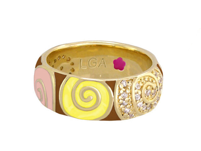 Signature Swirl Stackable Ring pink and yellow enamel swirls with pave diamonds by LGA on Tampa Home & Garden Store