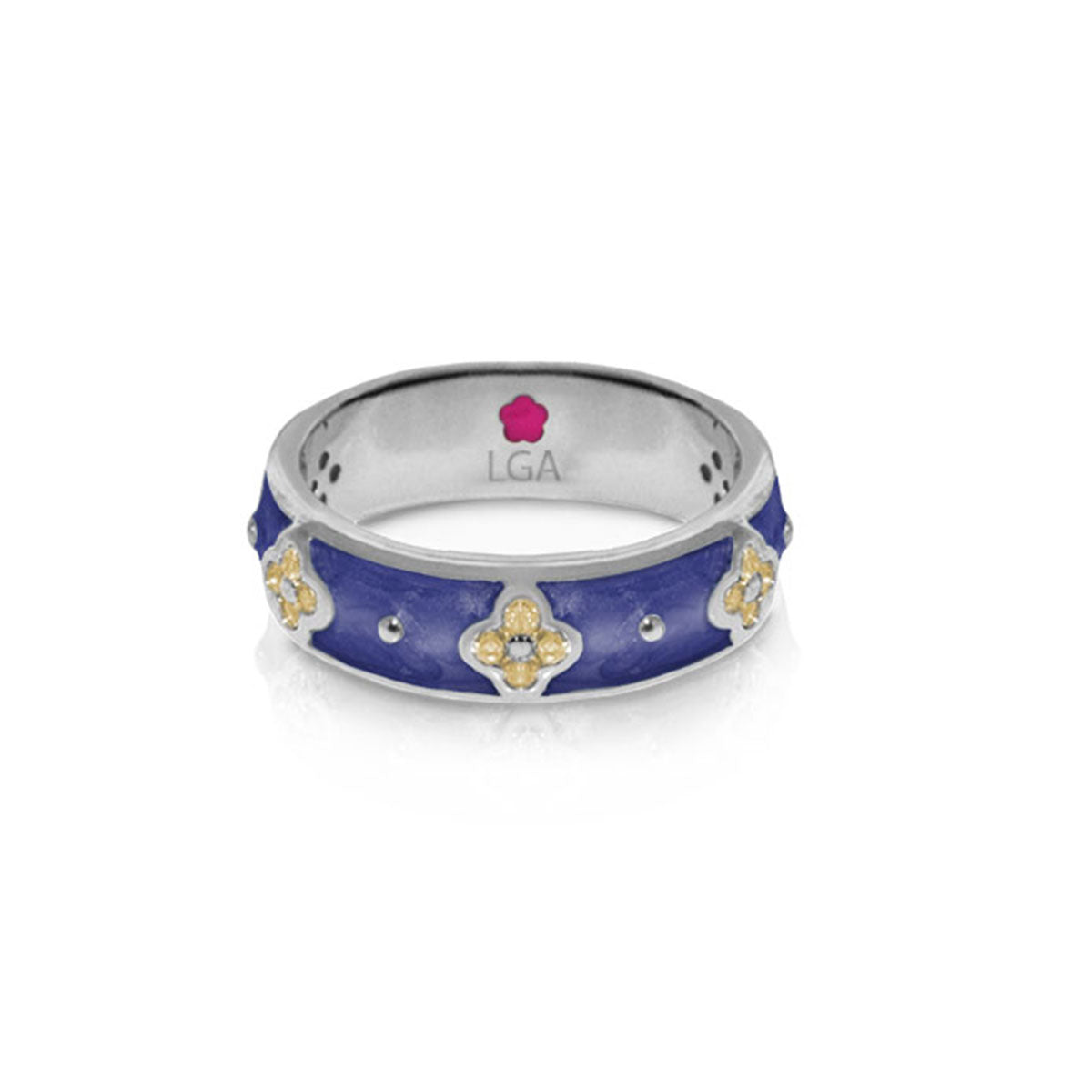 Lauren G Adams Clover and Clover stackable ring, blue enamel with three gold clover charms on silver band on Tampa Home & Garden Store