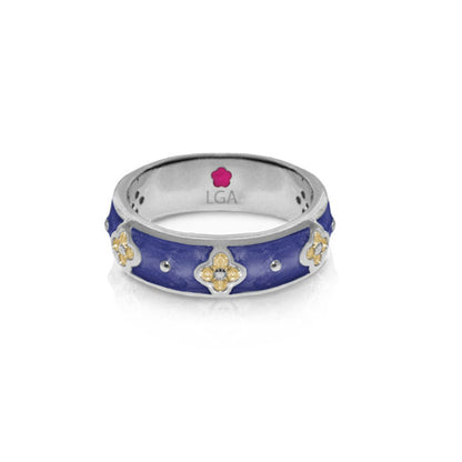 Lauren G Adams Clover and Clover stackable ring, blue enamel with three gold clover charms on silver band on Tampa Home & Garden Store