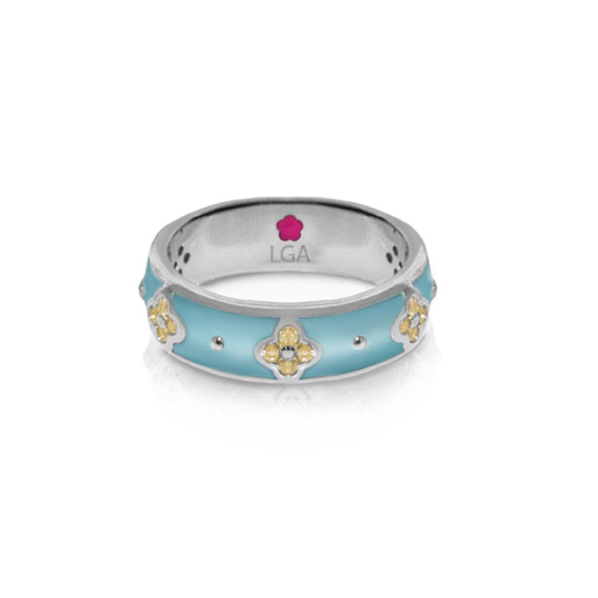 Clover and Clover ring by Lauren G Adams, turquoise band with gold floral accents, LGA inside on Tampa Home & Garden Store