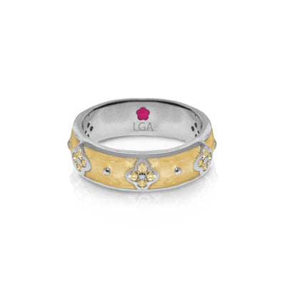 Stackable Clover and Clover ring by Lauren G Adams, two-tone gold and silver with clover motifs on Tampa Home & Garden Store