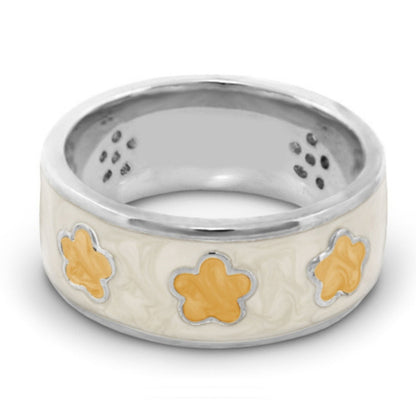 Daisy Love Band Ring Three Flowers, cream band with yellow flowers outlined in silver on Tampa Home & Garden Store