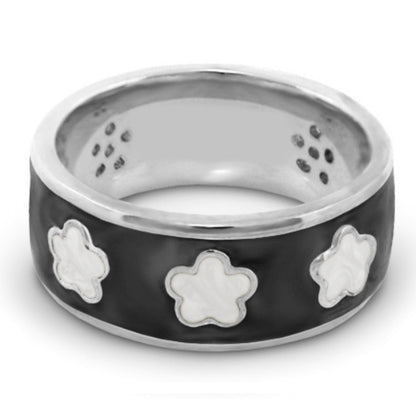 Daisy Love Band Ring with black enamel and three white flower motifs on Tampa Home & Garden Store