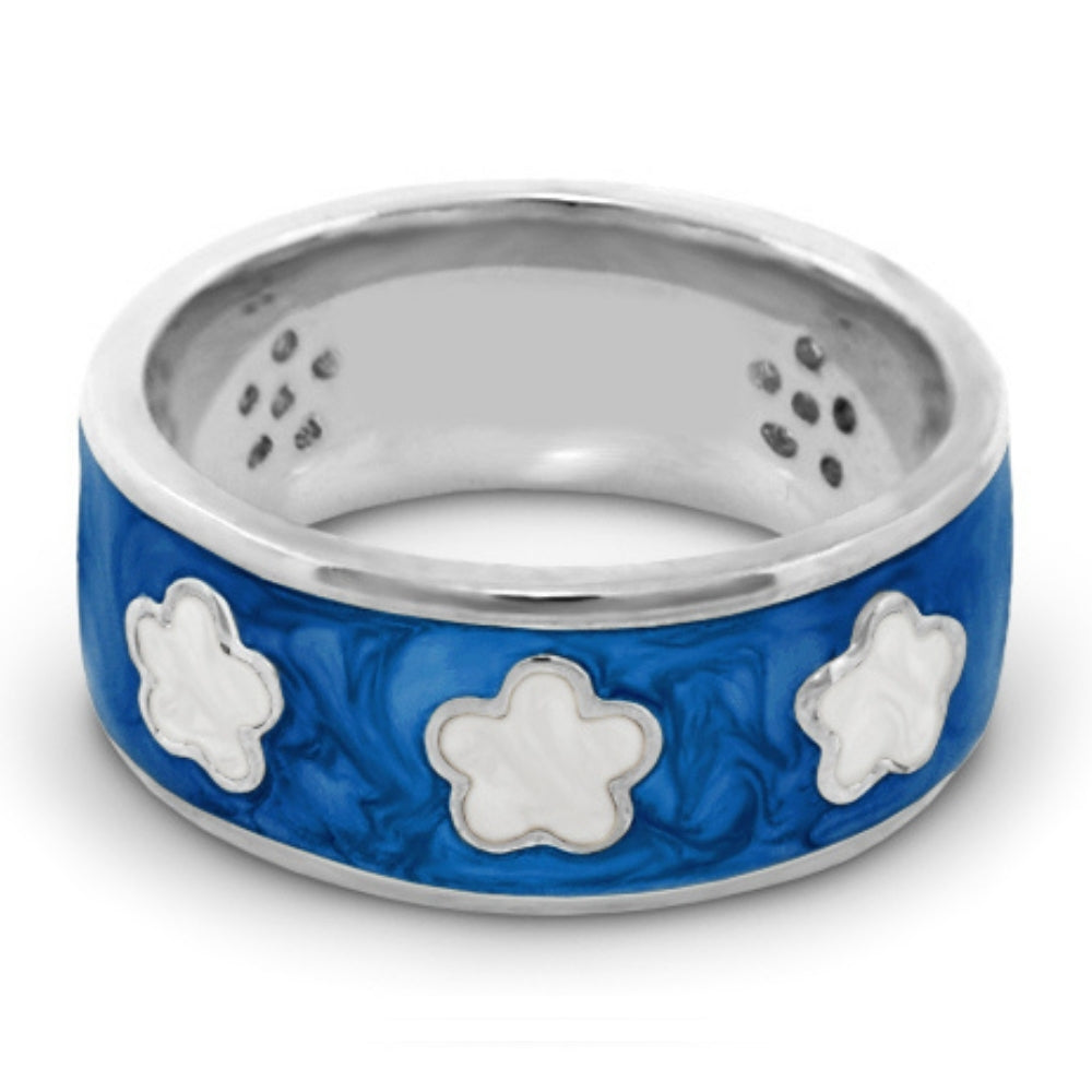 Daisy Love Band Ring Three Flowers blue enamel band with white clover accents on Tampa Home & Garden Store