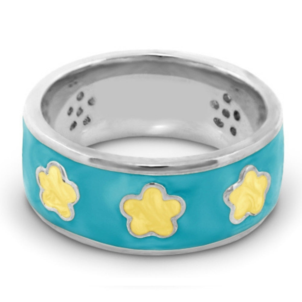 Daisy Love Band Ring by Lauren G Adams turquoise with 3 yellow flowers on silver band on Tampa Home & Garden Store