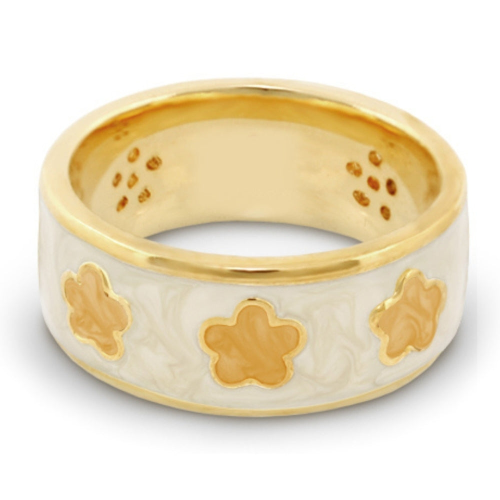 Daisy Love Band Ring three flower accents, Lauren G Adams, white marbled band with gold edges on Tampa Home & Garden Store