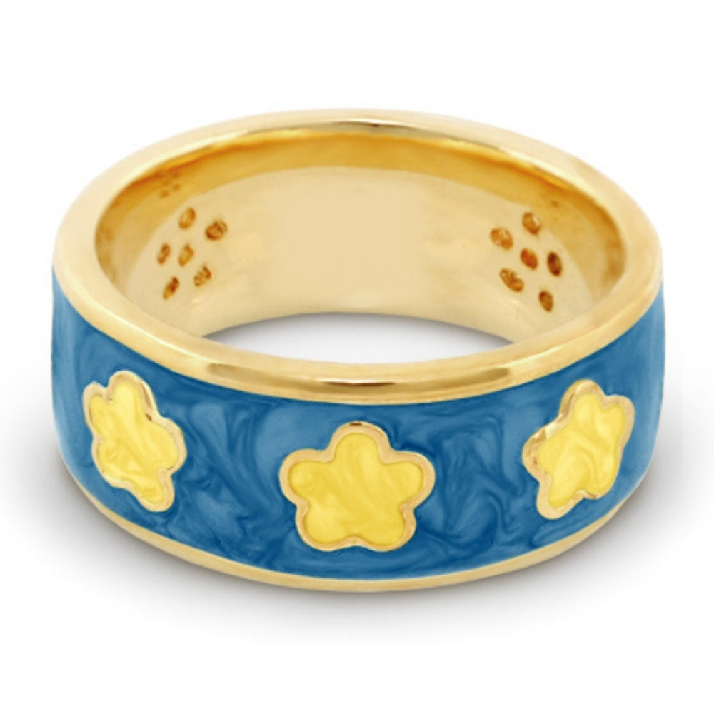 Daisy Love Band Ring — Three Flowers, LGA, blue enamel on gold band with yellow flowers on Tampa Home & Garden Store
