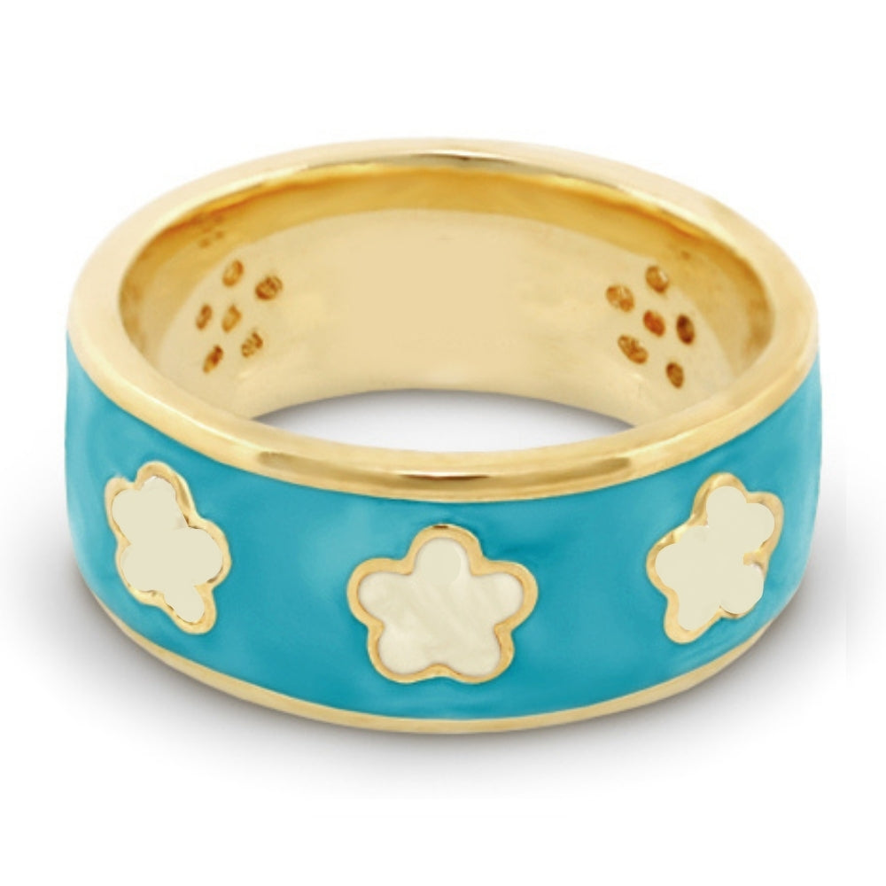 Daisy Love Band Ring turquoise enamel with gold trim and three flower motifs, Lauren G Adams on Tampa Home & Garden Store