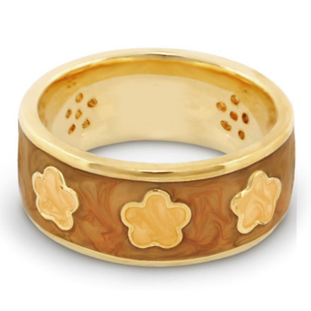 Daisy Love Band Ring, wide gold-tone ring with three cream flower motifs on a marbled brown inlay on Tampa Home & Garden Store