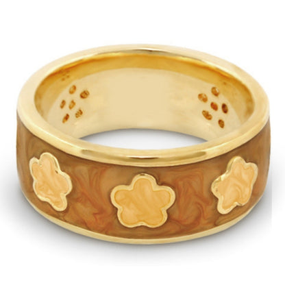 Daisy Love Band Ring, wide gold-tone ring with three cream flower motifs on a marbled brown inlay on Tampa Home & Garden Store
