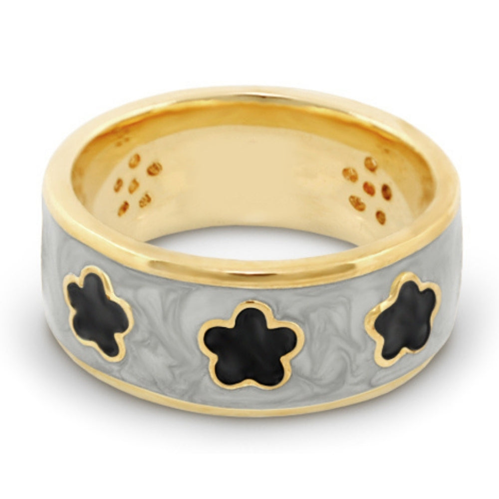 Daisy Love Band Ring with three black flower-shaped inlays on a marbled gray band on Tampa Home & Garden Store
