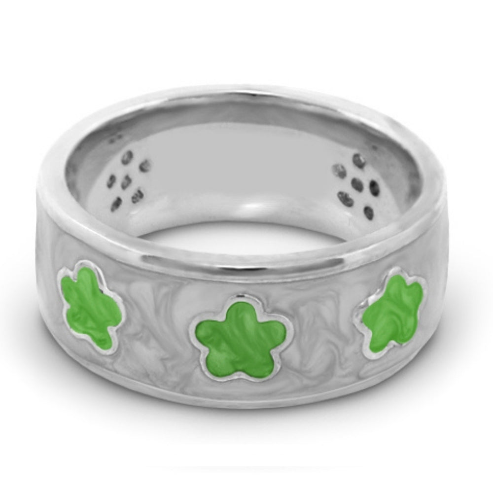 Daisy Love Band Ring by Lauren G Adams with three lime-green clover flowers on silver band on Tampa Home & Garden Store