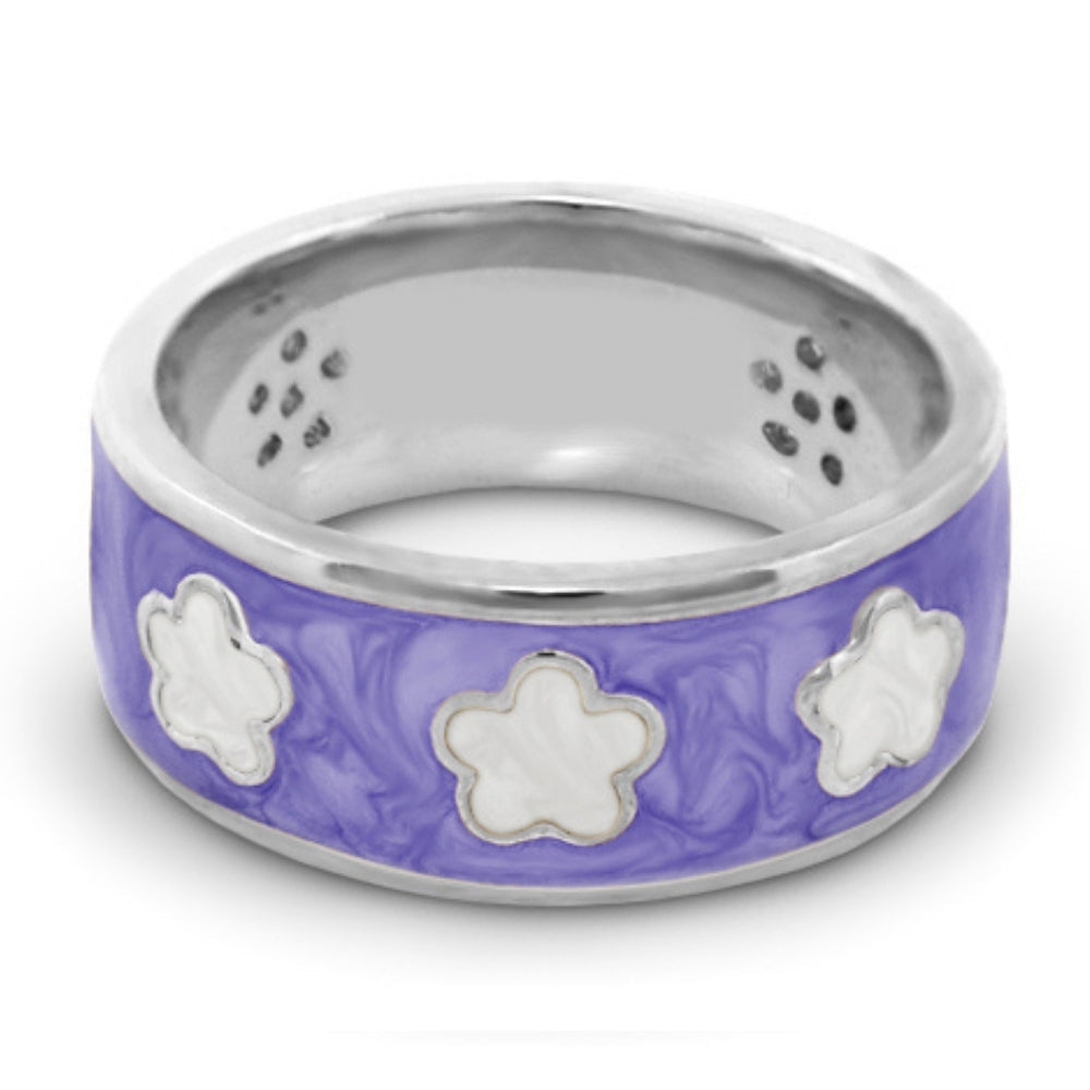 Daisy Love Band Ring - purple enamel with white flower motifs, three flowers, silver band on Tampa Home & Garden Store